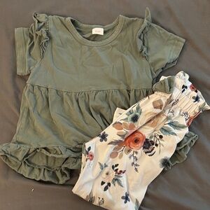 Green Ruffle Top and Floral Pants Set
